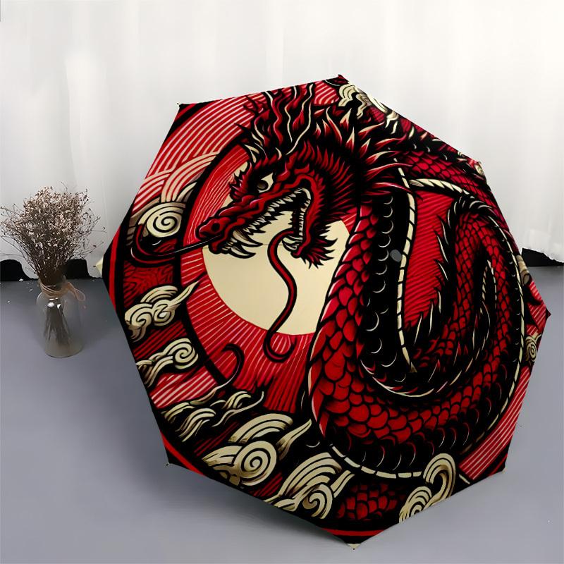 1pc Red Dragon Circular Emblem Umbrella with Plastic Handle,Suitable for All Seasons Home Travel Outdoor UmbrellaDD1263
