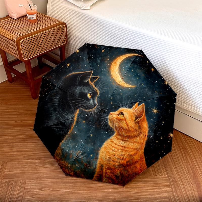 1 Stück Automatischer Faltregenschirm - Sternennacht Katzenmuster, Tragbares & Faltbares Design mit 8 Speichen, Weihnachts-Geburtstagsgeschenke