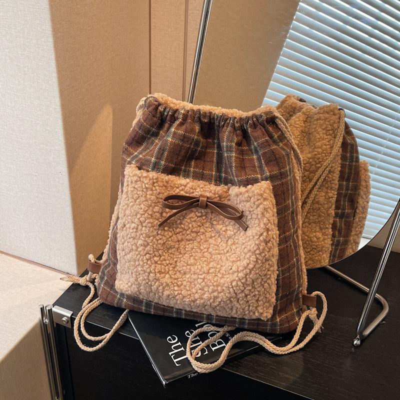 Plush backpack women's large capacity new casual fashion bucket bag niche shoulder bag