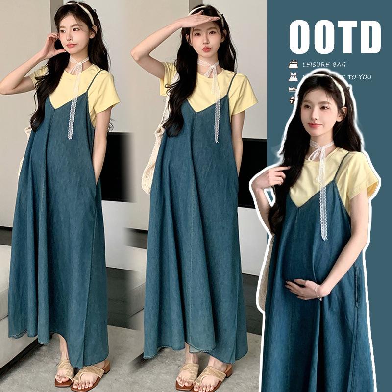 2026 Summer Solid T-Shirt & Denim Overalls Maternity Set XL