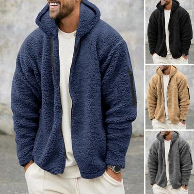 Muži podzim Zimní kabát Silný plyš s kapucí Dlouhý rukáv Zapínání na zip Volný Cardigan Teplý Odolný proti chladu Jednobarevné Měkké kapsy Střední délka Pánská bunda