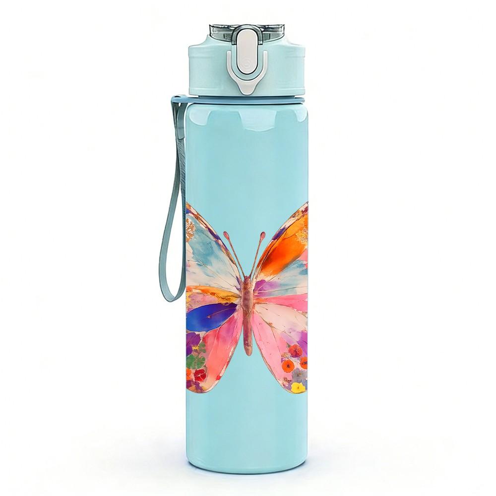 1PC Bright Multicolor Butterfly Wing Print 750ml Color Plastic Sports Water Bottle Leakproof Flip Straw Lid Suitable for Sports Office Home Use