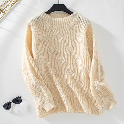 Women's Solid Color Sweater Autumn and Winter Round Neck Pullover Loose Cable Sweater