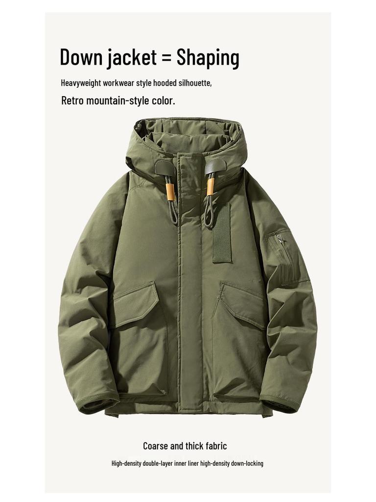 Men's Winter White Duck Down Jacket - Trendy, Loose Fit, Multi-Pocket Workwear Style