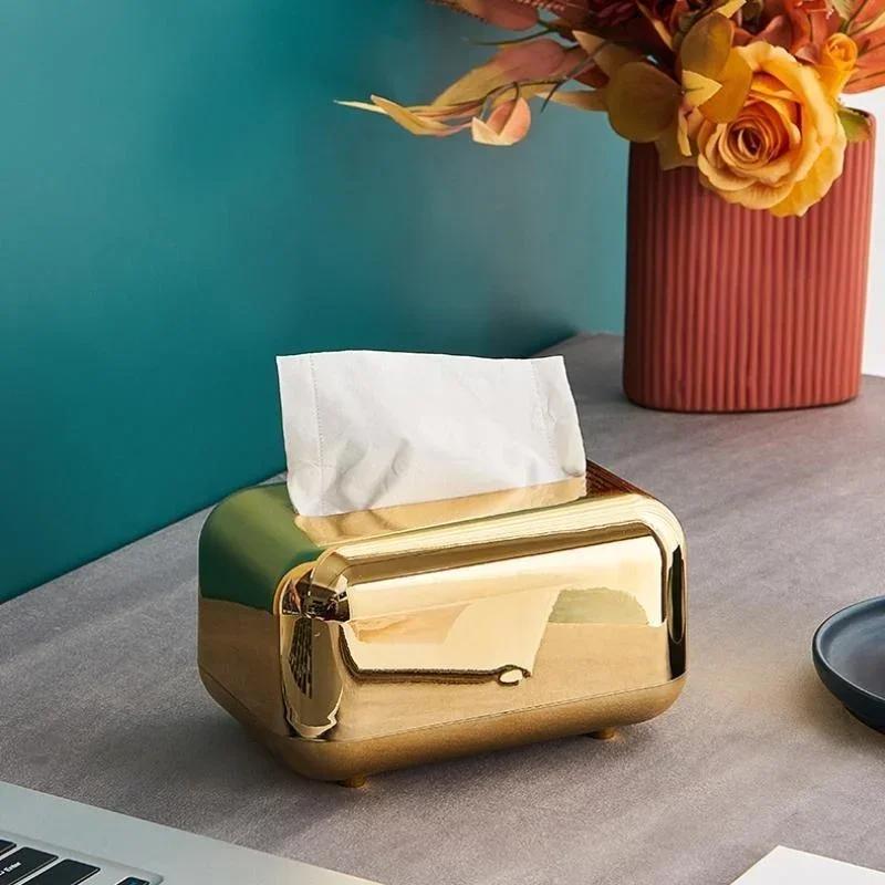 Luksus Golden Tissue Boxes Oppbevaring Serviettholder Papiretui Organisering Ornament Craft Desktop Tissue Holder Kjøkken Tissue Box