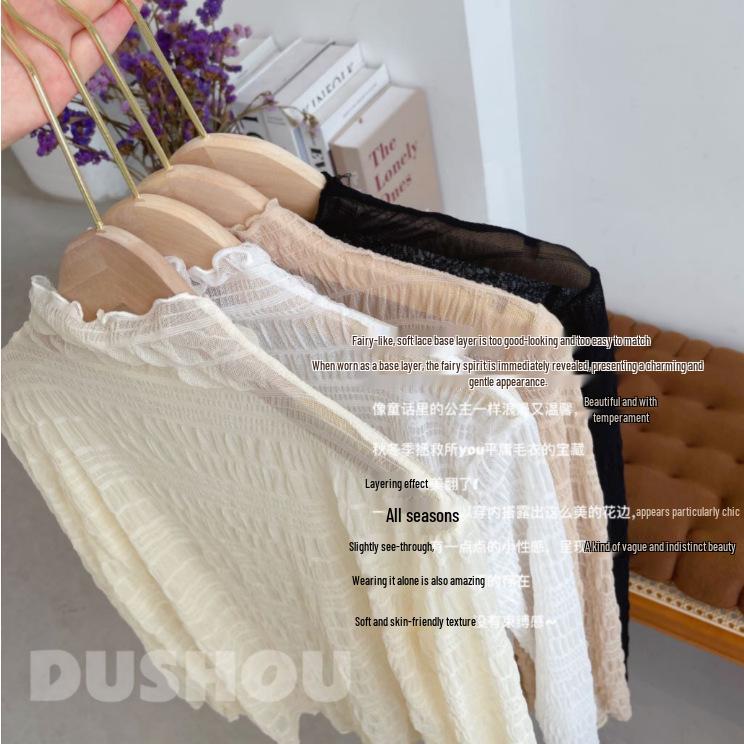 Elegant Lace Base Chiffon Shirt - Women's Autumn High-End Solid Color Top with Semi-High Collar Design