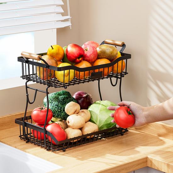 Košík na ovoce Kuchyňský úložný regál s dřevěnými rukojeťmi Dvouvrstvý design Velká kapacita Koš na zeleninu a ovoce s držáky na banány