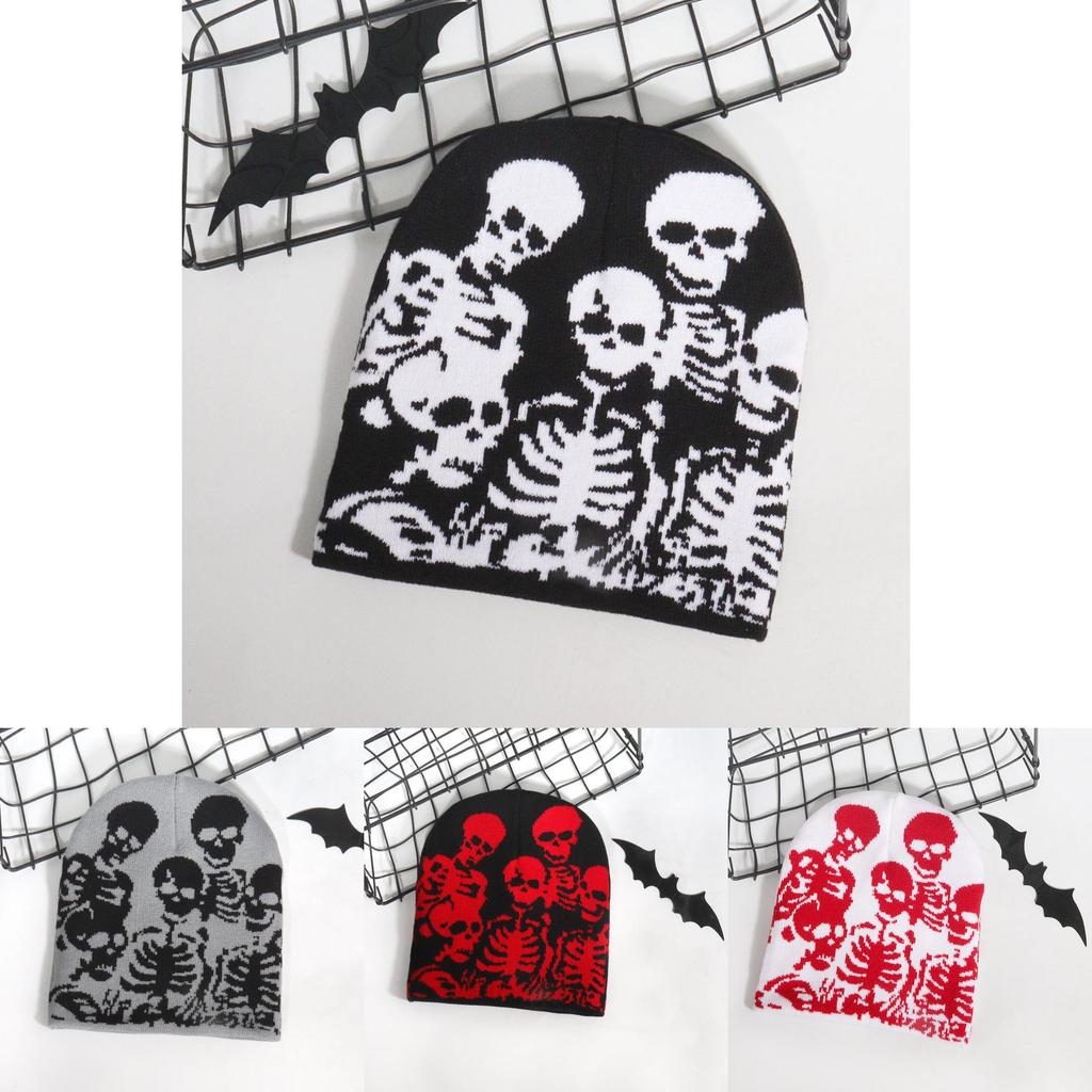 Strickmütze mit Totenkopfmuster aus Acrylgewebe für Herbst Winter Streetwear und Hiphop-Stil