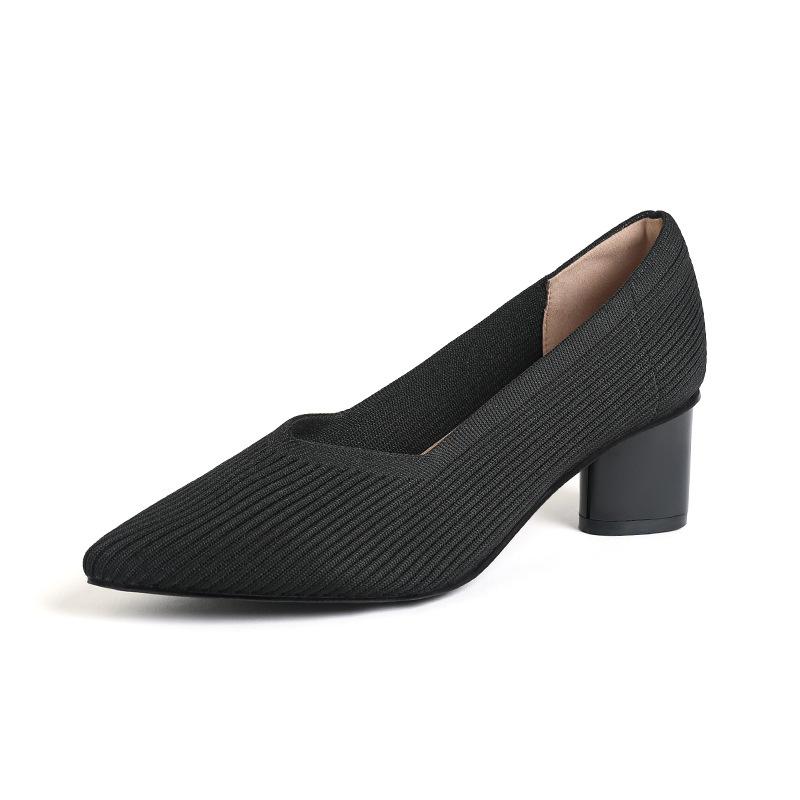 Fashion 2025 Pointed Toe Middle Heel Breathable Comfortable Knitted Shoes Women Shallow Mouth Chunky Heel Fashion Zapatos De Mujer Pumps