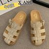 Cowhide Cork Bottom Bag Head Half Slippers Women's Summer Wear New Woven Hollow Beach Pig Cage Shoes