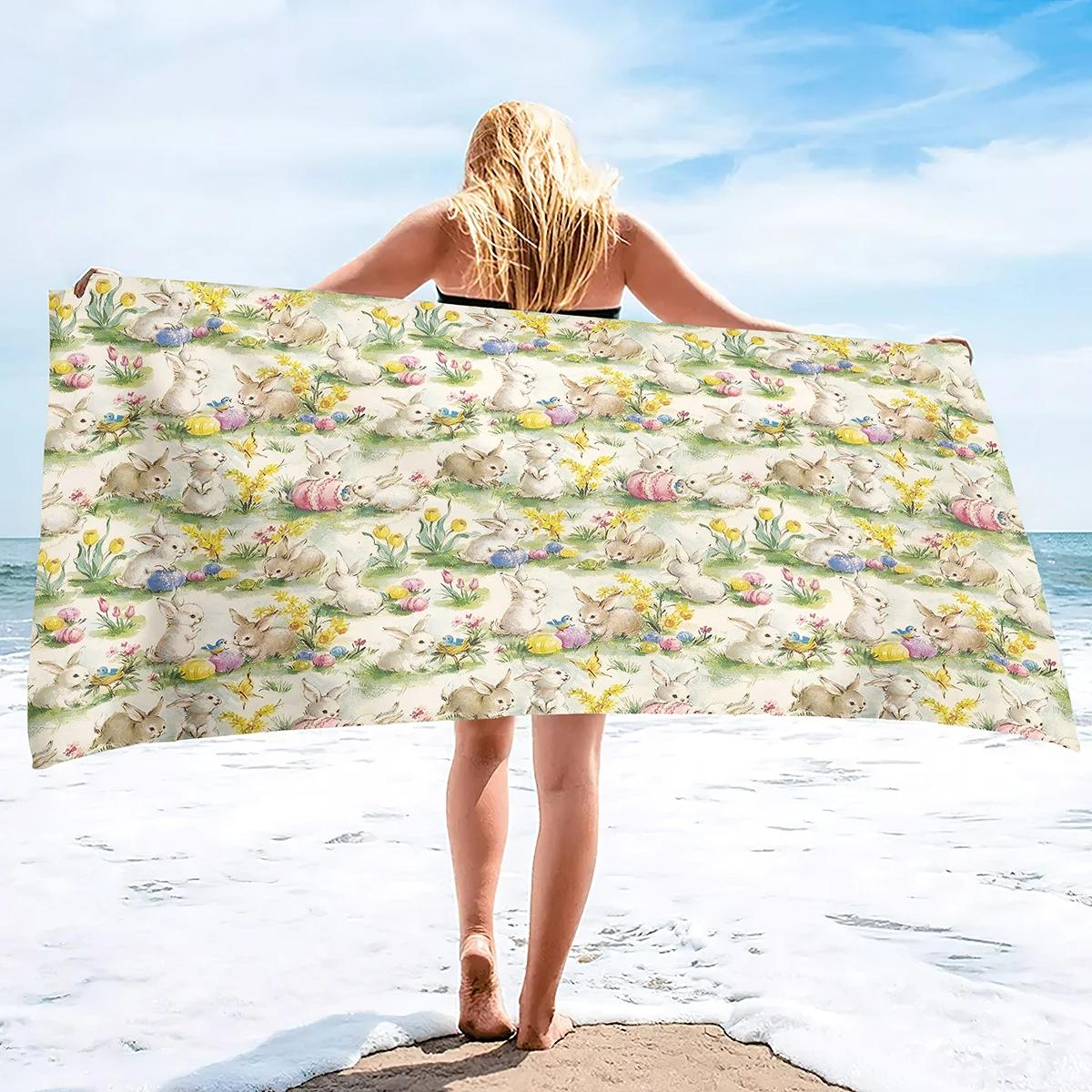 

Happy Easter Beach Towel Microfiber Spring Flower Easter Egg Rabbit Bath Towel Travel Sport Spa Towels Quick Dry Swimming Cover W40*H60(CM)