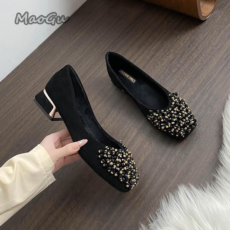 Fashion Elegant String Beaded Fashion Slip-On Women Shoes Square Toe Medium Heel Versatile Casual Velvet Summer Loafers Chaussures Femme