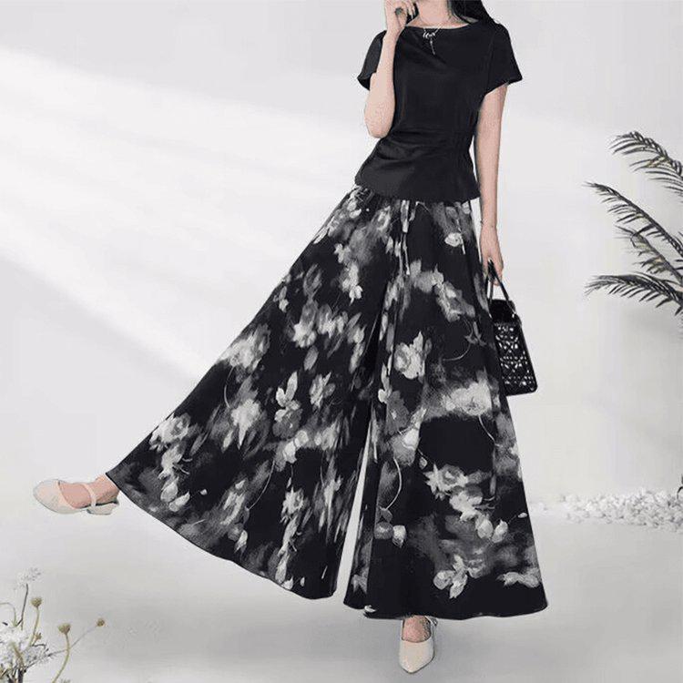 Gonna pantalone floreale in stile acquerello per la Primavera/Estate 2026 in tessuto di seta ghiacciata: Pantaloni Casual Svasati