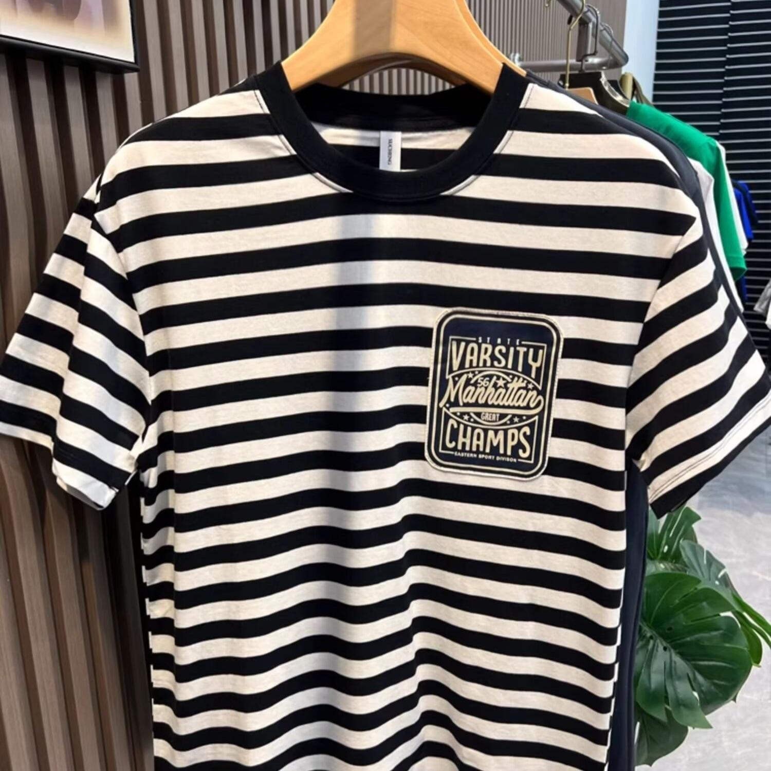 

Футболка свободного кроя унисекс в полоску с короткими рукавами, круглый вырез, универсальный стиль, 2024 года 4XL чёрный