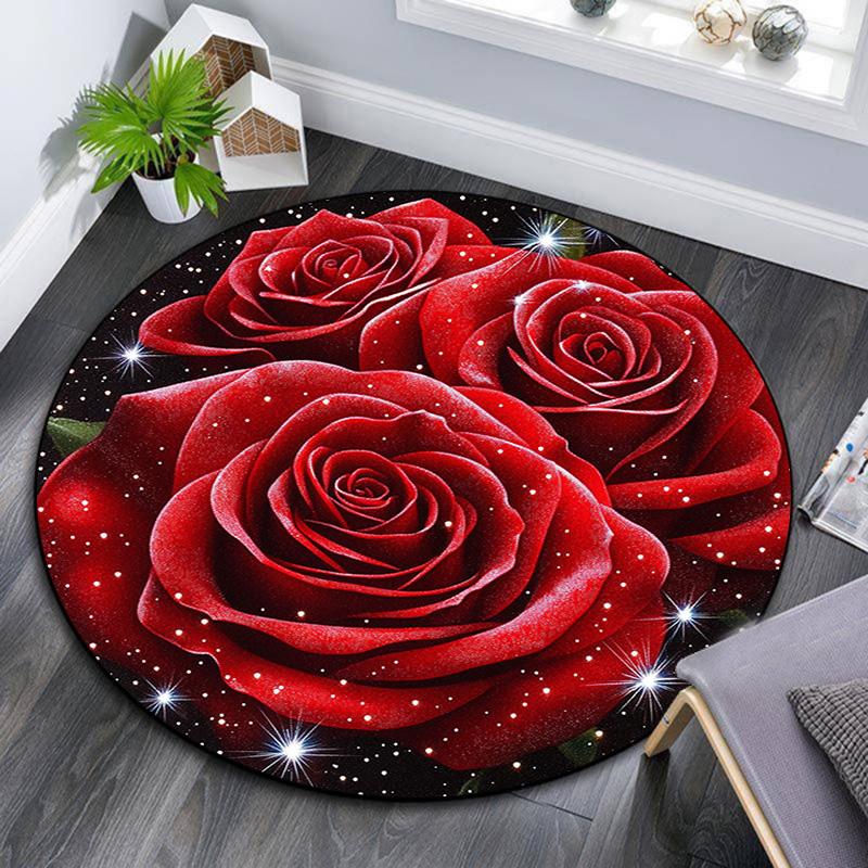 Red Roses Round Area Rug,Carpet Rug for Living Room Bedroom Sofa Playroom Decor,Non-slip Floor Mat