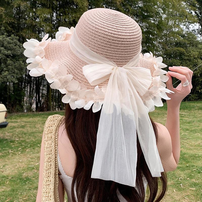 Summer Bow Sun Hat Female, Seaside Beach Vacation Sun Hat Outdoor Big Brim Sun Hat Sweet Straw Hat