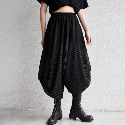2025 Summer Striped Patchwork Loose-Wear Women's Wide-Leg Cropped Drop-Crotch Pants