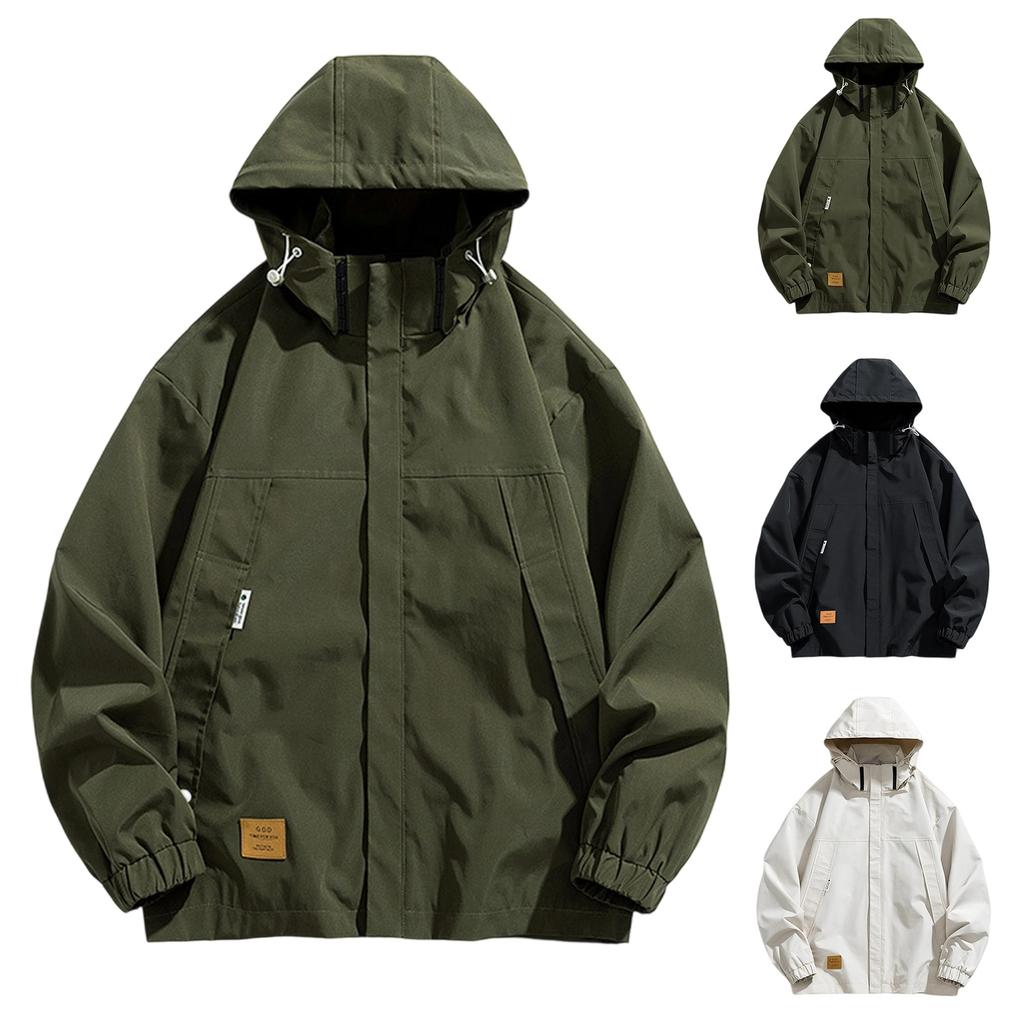 Men's Large Size Trend Casual Top Youth Hooded Everything Loose Jacket Elastic Drawstring Solid Color Windproof Jacket