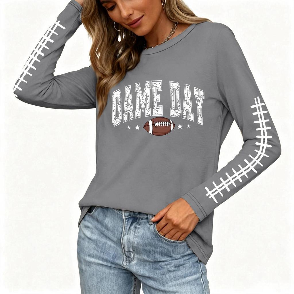 Women's Casual Long Sleeve Neck Top with Rugby Print and Side Slit for Everyday Wear
