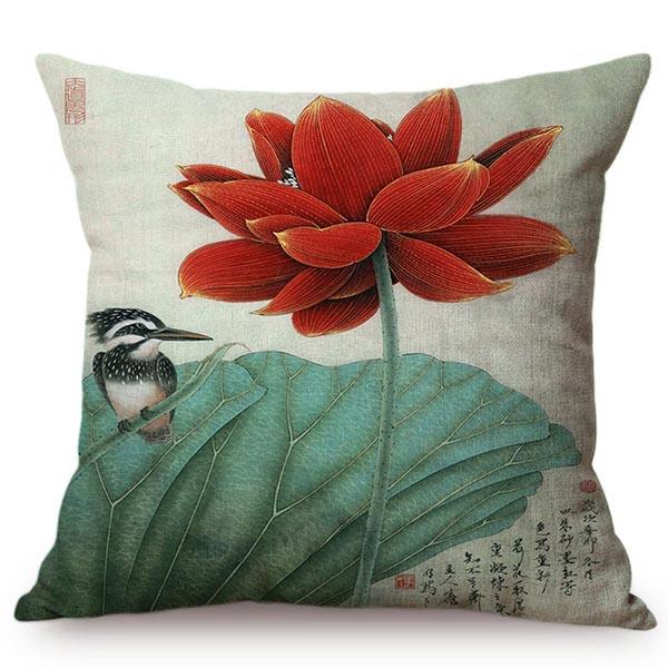 Chinese Vintage Watercolor Painting Lotus Cushion Cover Beautiful Elegant Home Decorative Summer Flowers Bird Throw Pillow Case