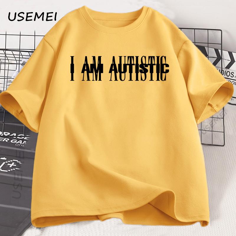 I Am Autistic T Print Men Casual Cotton Short Sleeve Hip Hop Rapper T-shirt Cotton Printed T-Shirt Casual Funny Tops Streetwear