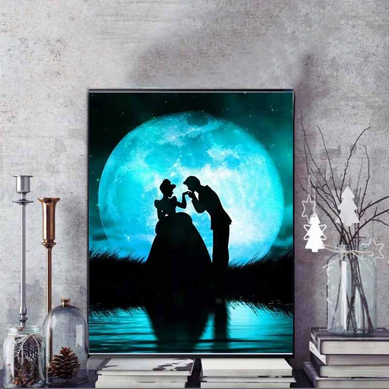 Disney Diamond Painting Cinderella and Prince Silhouette Style Art Illustration 5D Cross Stitch Hanging Print 5D Puzzle MosaicEmbroideryHomeDecoration
