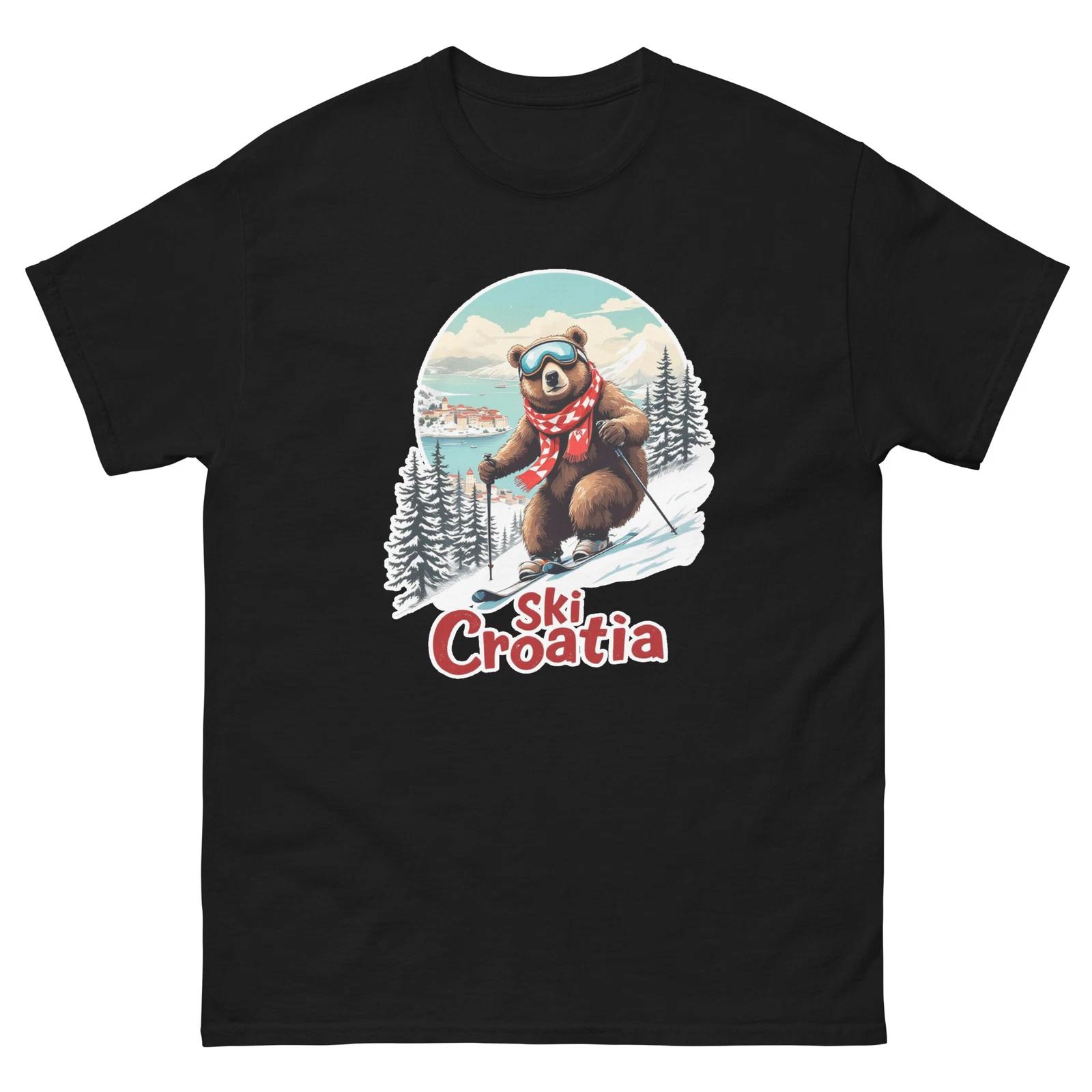 Ski Croatia Bear Cute Animal Skiing T-Shirt L