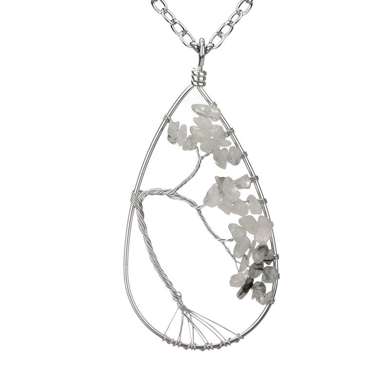 Handmade Silver Wrapped Copper Wire Crushed Stone Tree of Life Necklace, Water Drop Natural Stone Design, Bent Tree of Life Necklace N28.