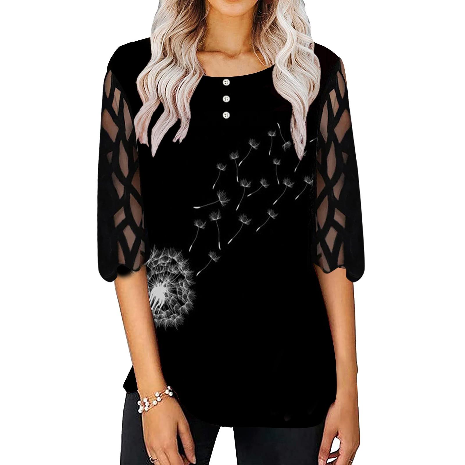 Women s Fashion Lace Sleeve Floral Round Neck Tops Loose Casual T-shirt L
