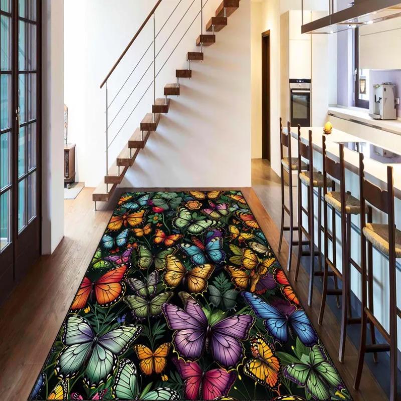Colorful Butterfly Print Runner Rug Colorful Insect Floral Carpet Home Water-absorbing Non-Slip Mat for Kitchen Hallway Entryway