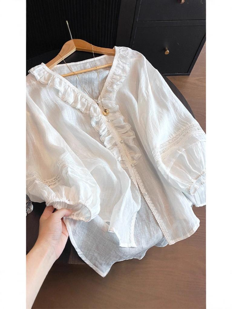 Summer Blouse With Ruffled Lace Trim Vneck Long Sleeve For Women