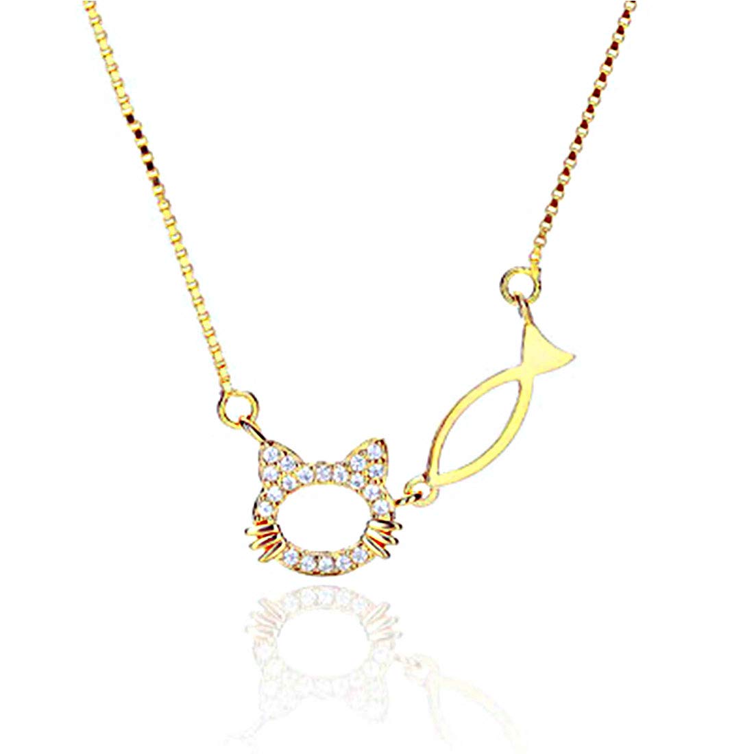 

Cat Necklace for Women Gold Popular 925 Silver Zirconia Fish Cat Pendant Finish Sterling Silver Necklace Popular Christmas Gift [Rockyu] золотий