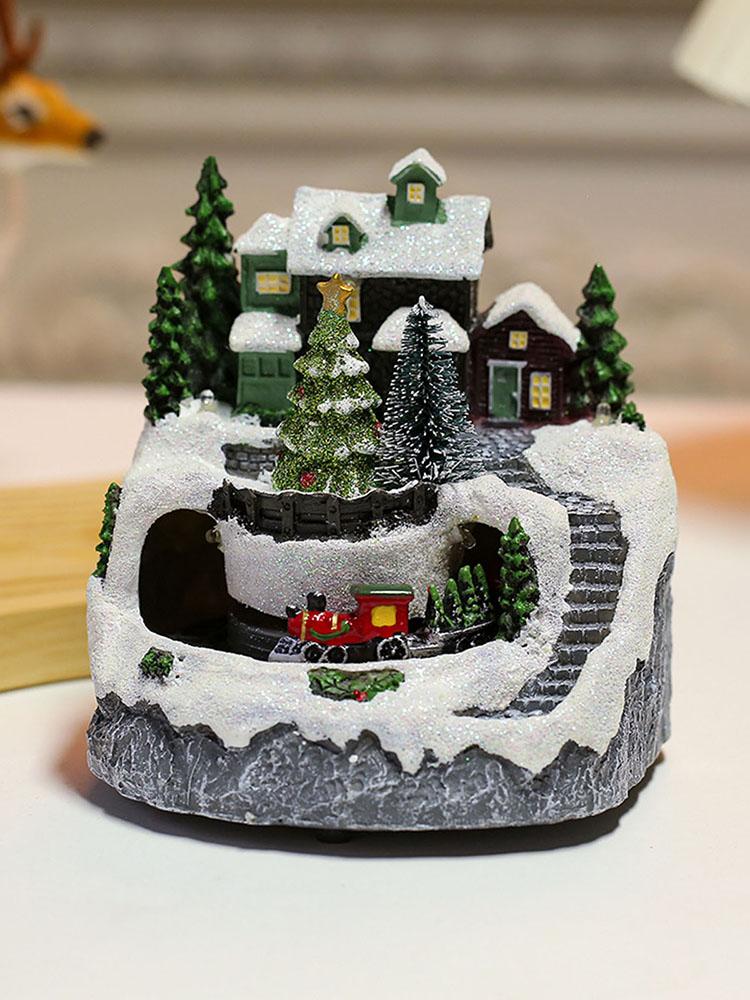 Resin Garden Ornament Music LED Light Collectible Figurines Village Rotating Statue for Christmas Home Decor Gift