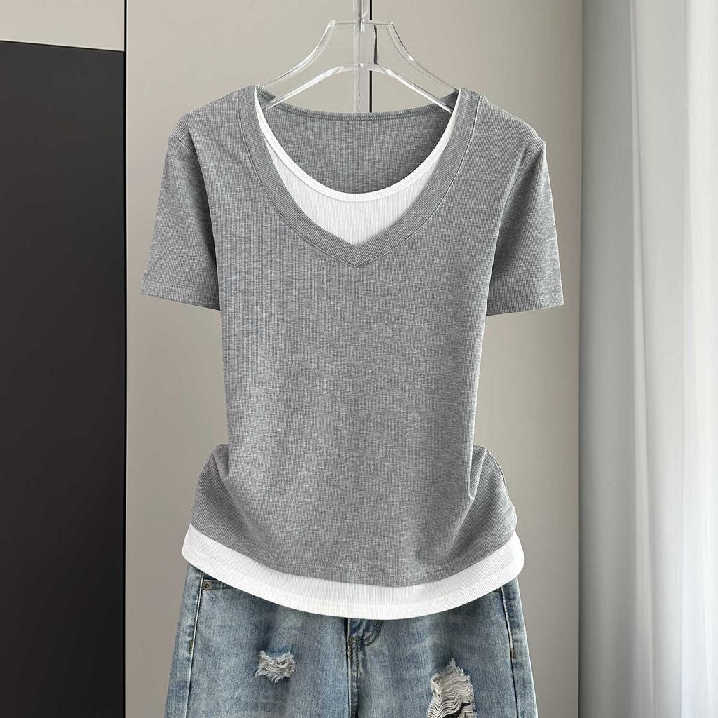 Women's Short Sleeve Tee O Neck Casual Top Plus Size Fake Two Piece Color Block Ribbed Knit Shirt