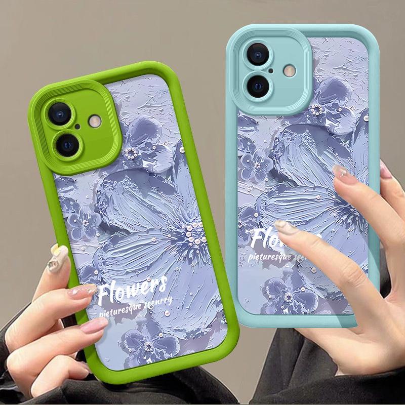 Candy Color Tpu Soft Phone Case for iPhone 16 Pro 15 14 Plus 13 12 11 Pro Max Xs Xr 8 7 Shockproof Relief Blue Flower Pattern Lens Protection Cover