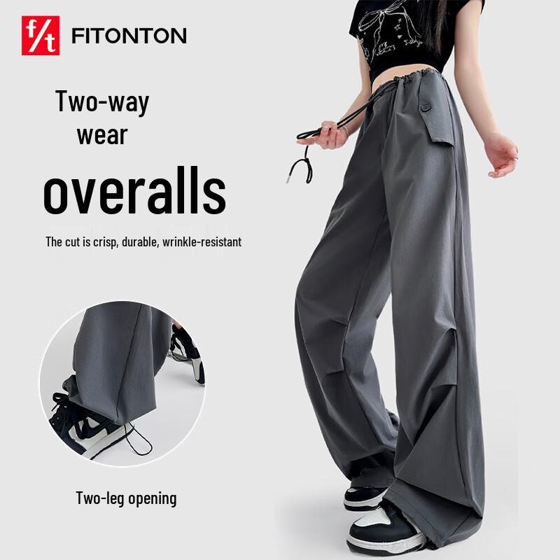 FitonTon Women's High-Waisted Drawstring Pleated Straight Leg Cargo Pants
