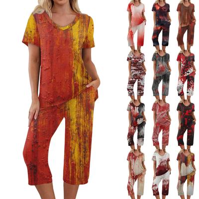 2 Piece Sets For Women Short Sleeve Top And Pants With Pockets Workout Soft Halloween Print Sets