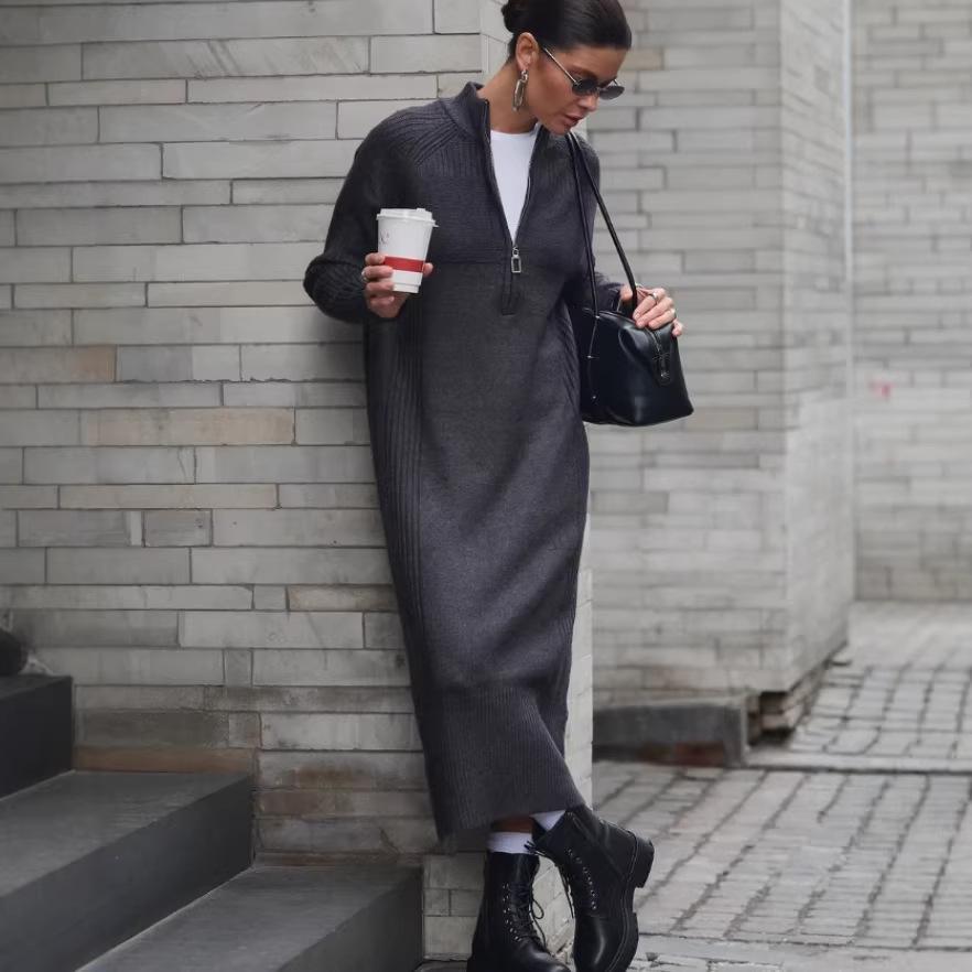 European women's temperament knitted sweater medium and long fashion pullover sweater loose zipper bottoming dress