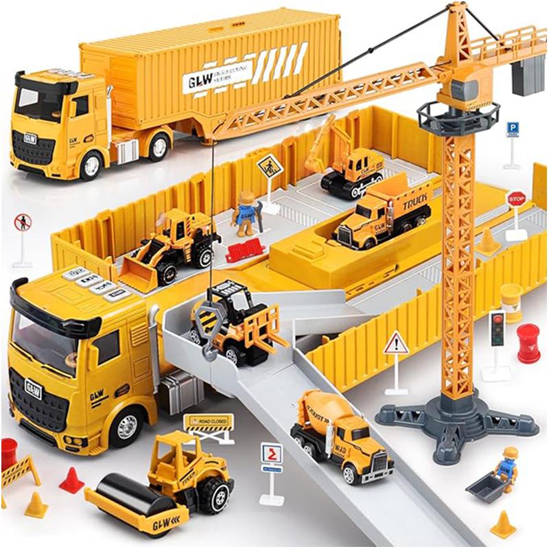 60Pcs/Set Engineering Truck With Light And Sound Diecast Construction Excavator Model Vehicle Alloy Toys For Children Boys Gifts