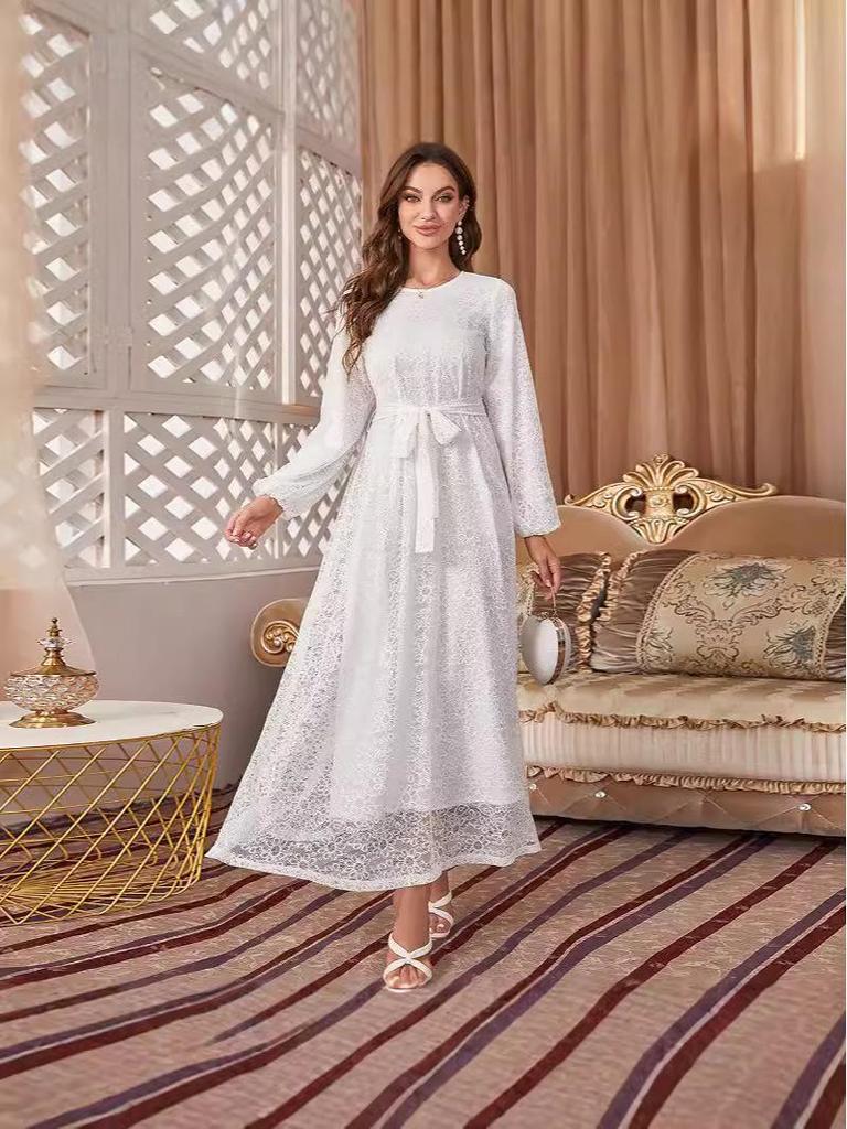 European and American Autumn/Winter Women's Round Neck Lace Tie Long Sleeve Slimming Evening Dress