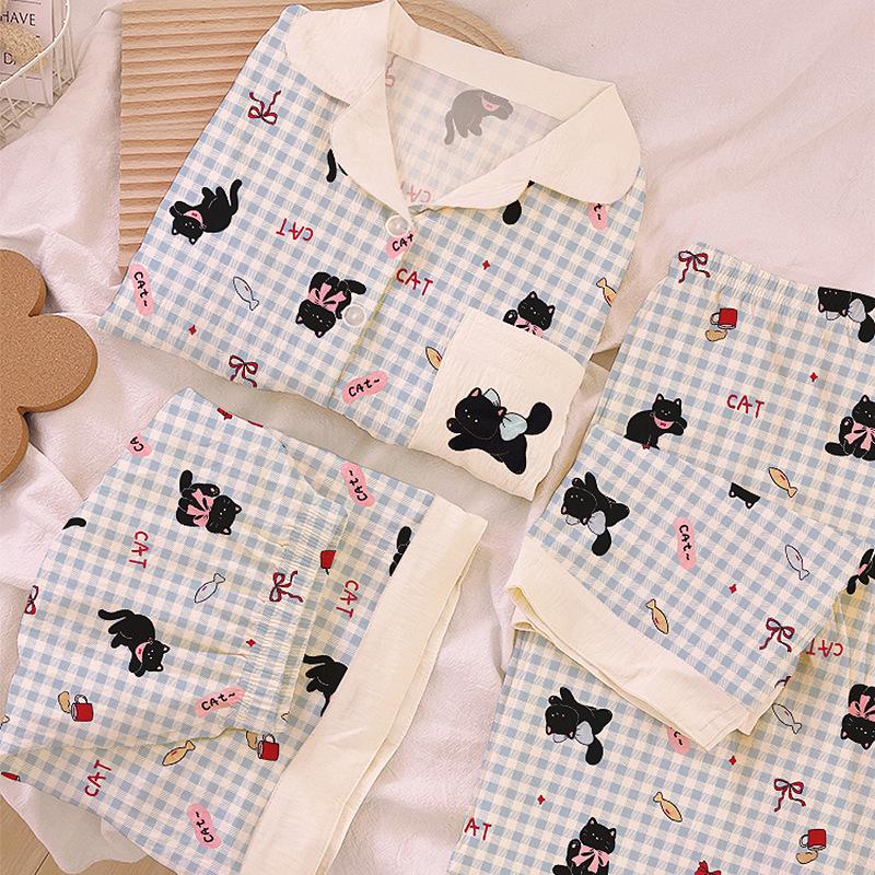 Little Black Cat Bow Cloud Cotton Pajamas Women'S Summer Short-Sleeved Three-Piece Set Cute Plaid Loungewear