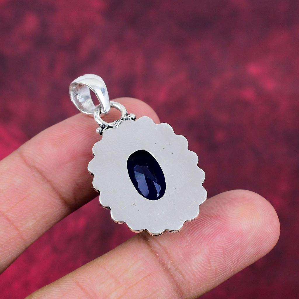 Blue Sapphire Pendant, Handmade Gemstone Pendant, 925 Solid Sterling Silver Pendant Antique Jewelry, For Engagement Gift