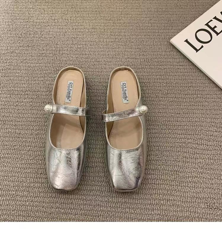 Fashion Women Slippers Fashion Flats Brand Design Square Toe Ballet Casual Basic Buckle Strap Female Dress Spring Autumn Pearl Shoes