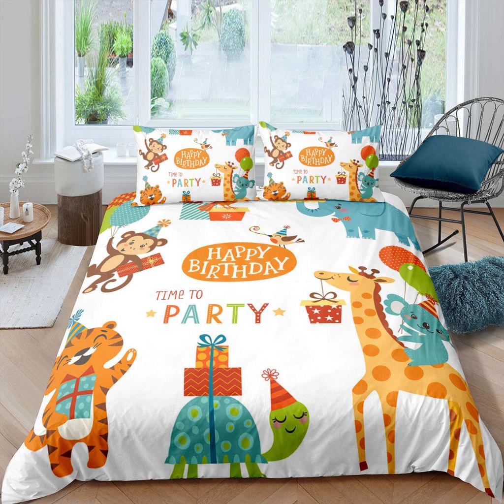 Zoo Theme Duvet Cover Set Animals Pattern Polyester Comforter Cover King Queen Size Cartoon Cute Animals For Kids Bedding Set