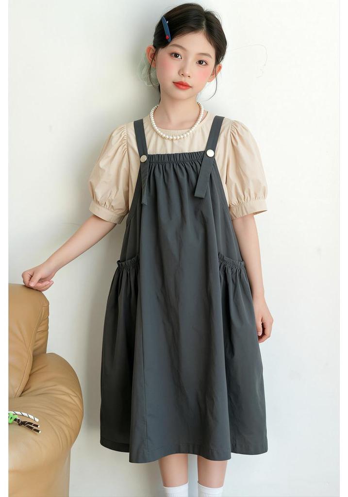 Girls' Bubble Sleeve Strappy Dress Set - 2026 New Summer Style, Medium & Large Cotton Skirt, Solid Color Sweet Two-Piece.