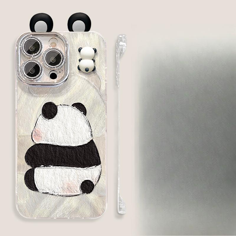 Panda Doll Stand Suitable for Apple 16 Mobile Phone Case 13promax Feather Yarn Without Frame 15 Cute 14 Naked Metal Sense