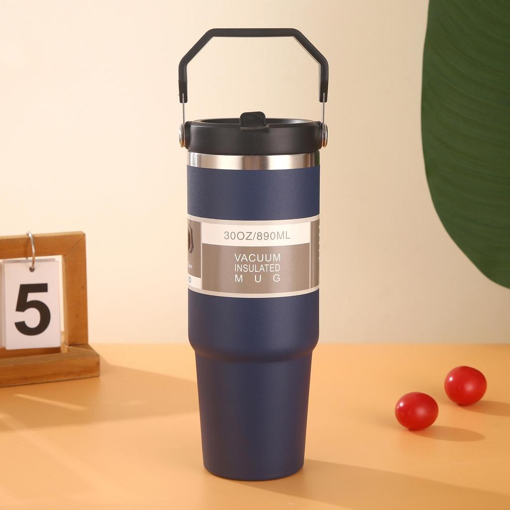 Large Capacity Insulated Stainless Steel Car Cup with Handle and Straw Lid
