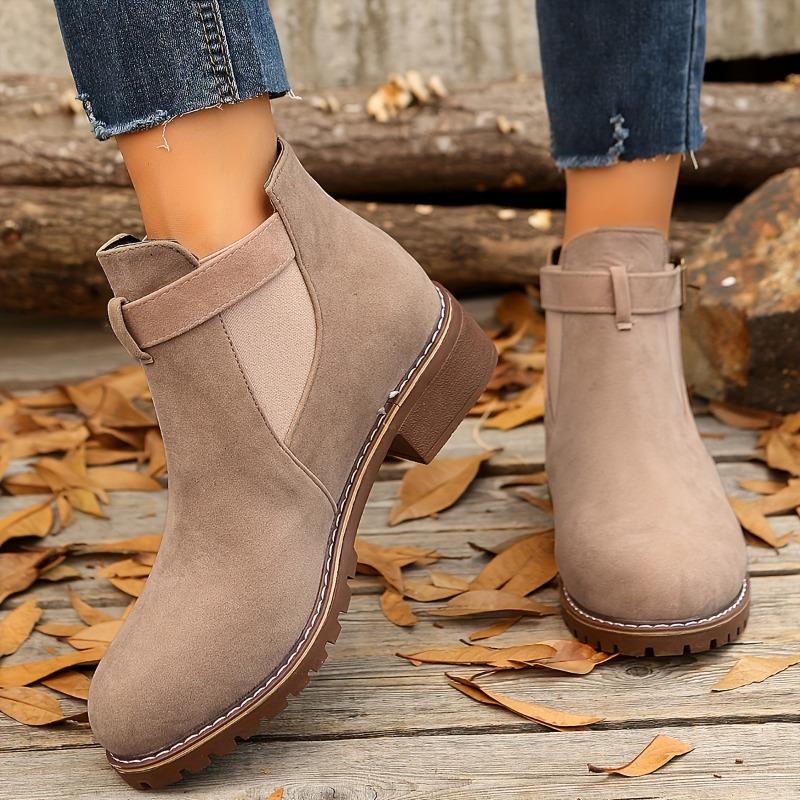 Women's Boots for Autumn and Winter, Elastic Belt Buckle Round Toe Square Heel Midsole Boots for Women, Solid Color Versatile