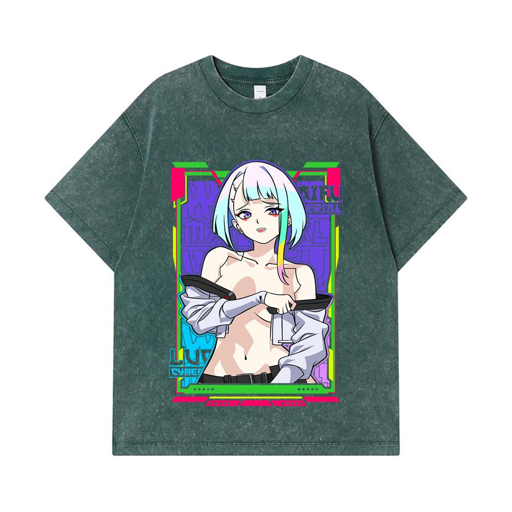 275 GSM Washed T-shirts 100% Cotton Cyberpunk V11 Lucy Waifu Print Unisex Heavy Cotton T Shirt