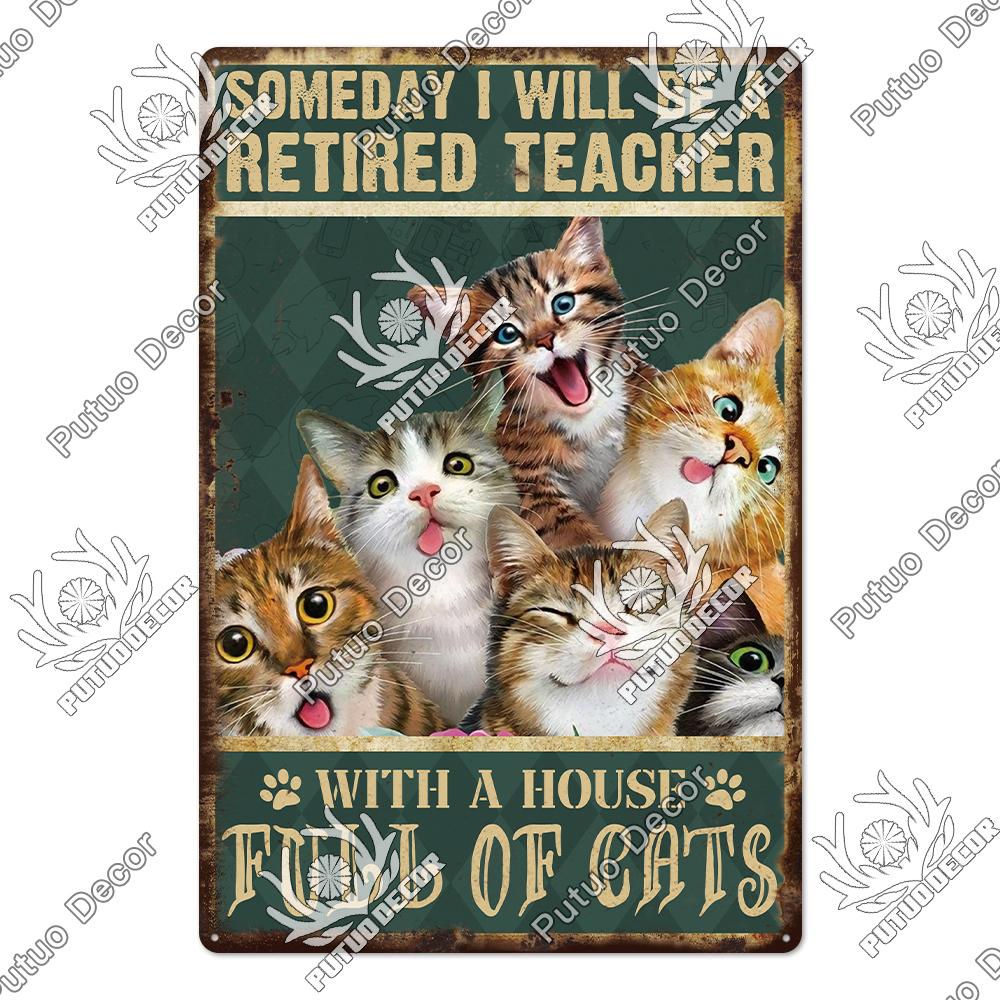 Putuo Decor Cute Cat Vintaget Tin Signs Retro Plaque Metal Plate Wall Art Decor for Home Cafe Living Room Pet Shop Iron Poster